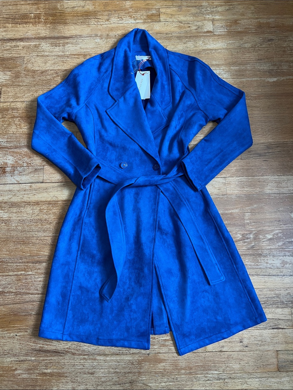 NWT Solitaire Cobalt Blue Faux Suede Trench Coat Belted Long Duster Small